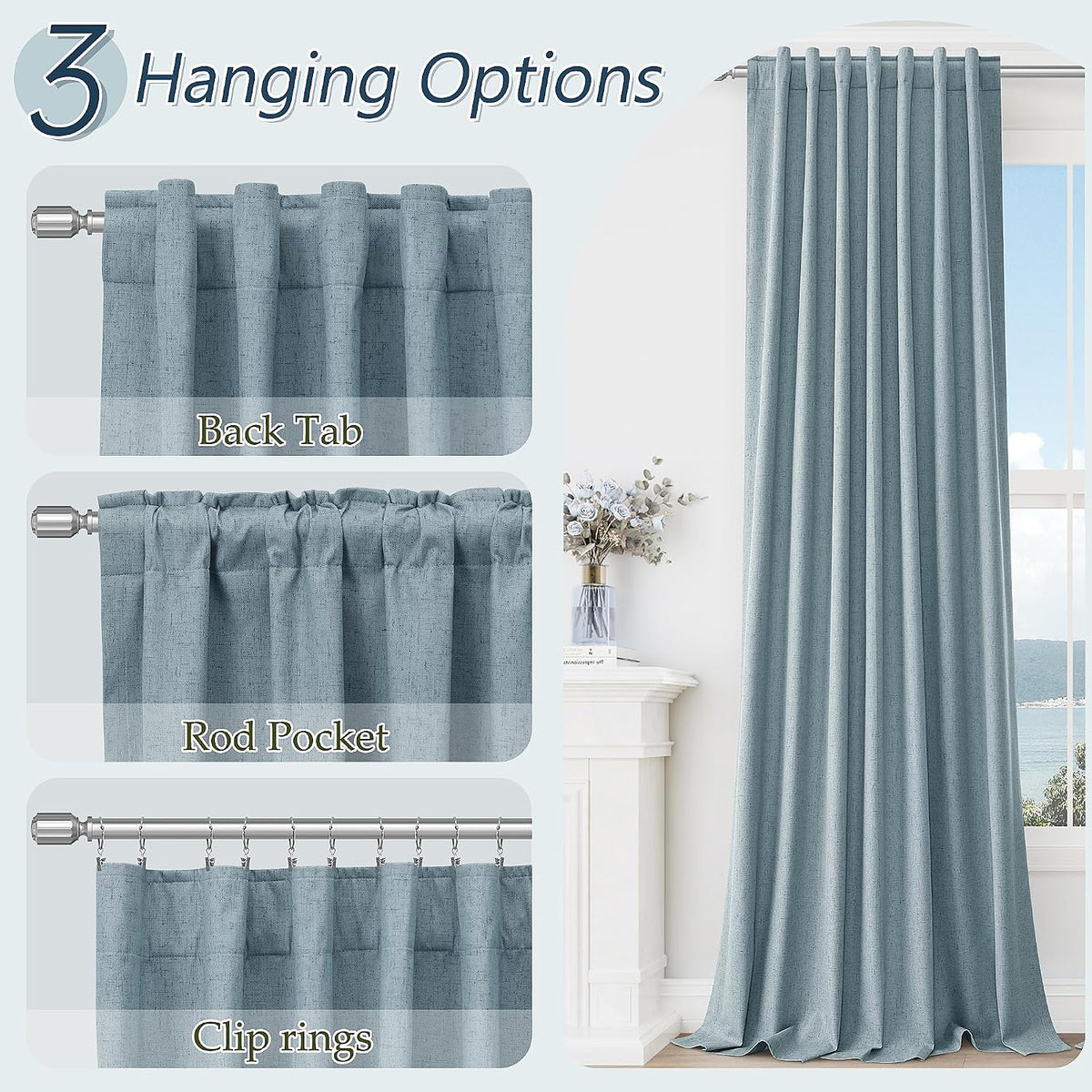 Guken Blue 100% Blackout Linen Curtains 80 Inch Length 2 Panels Set for Living Room Bedroom Back Tab Thermal Insulated Black Out Drapes Roo…