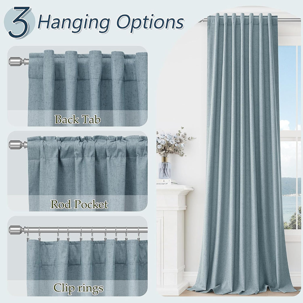 Guken Blue 100% Blackout Linen Curtains 102 Inch Length 2 Panels Set for Living Room Bedroom Back Tab Rod Pocket Thermal Insulated Black Ou…