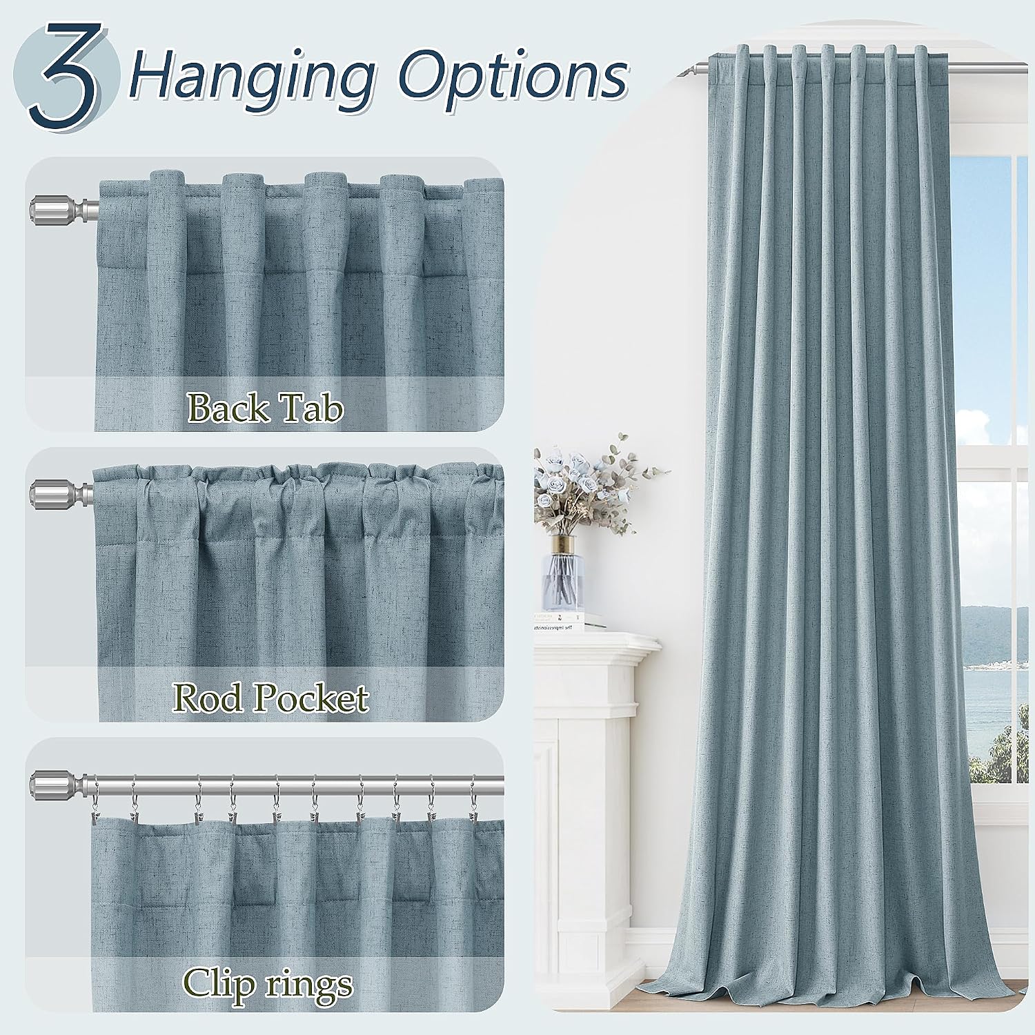 Guken Blue 100% Blackout Linen Curtains 96 Inch Length 2 Panels Set for Living Room Bedroom Back Tab/Rod Pocket Thermal Insulated Black Out…