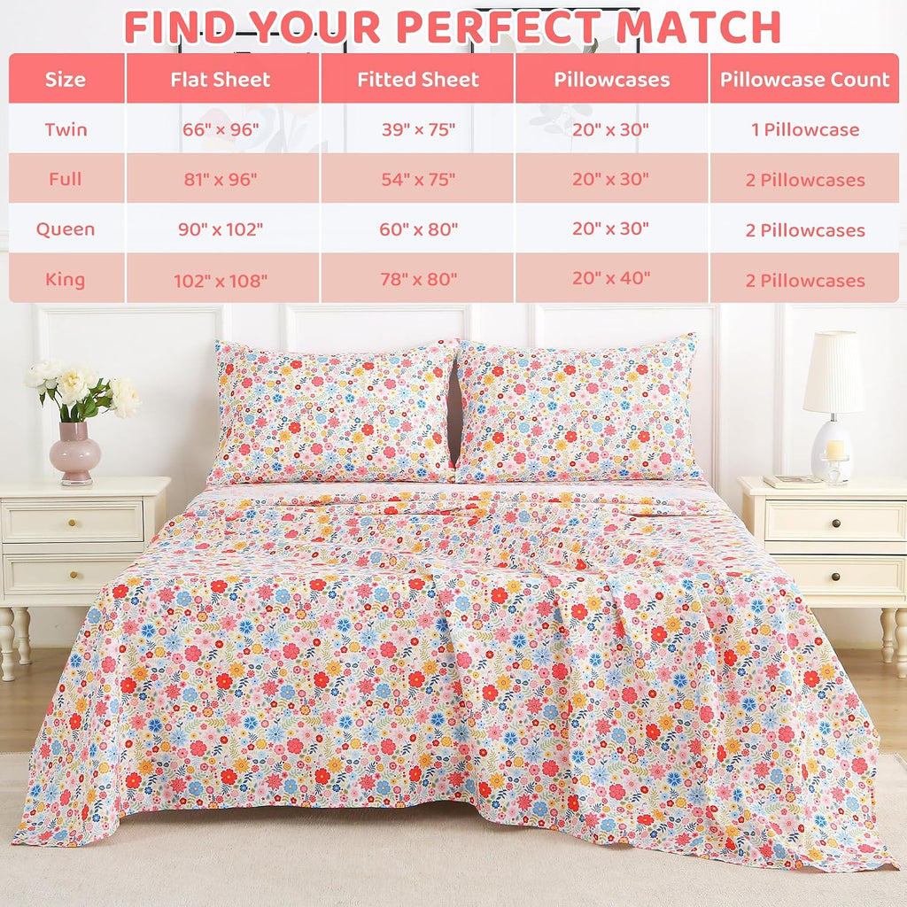 mooreeke Cozy Floral Microfiber Printed Floral Full Sheet Set - Soft & Breathable Colorful Flower Custers Bed Sheets with Extra Deep Pocket…