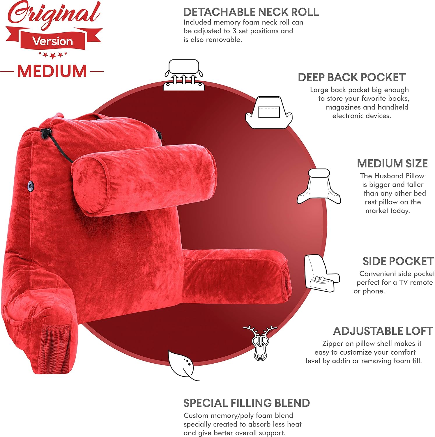 HusbandPillow Husband Pillow Medium Reading Pillow with Arms - 23" Backrest for Sitting Up in Bed - Firm Support Bed Rest Pillow for Adults…