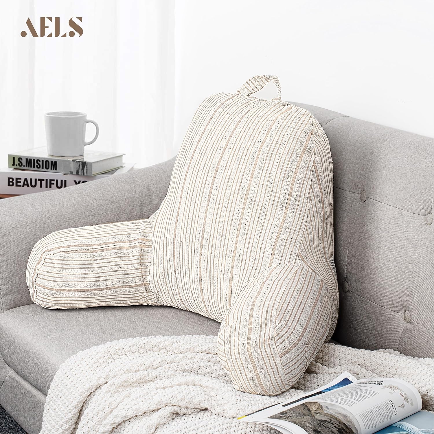 Aels Reading Pillow Replacement Cover (No Insert) with Arms and Pockets, 18" Beige with Light Brown Stripes Textured Backrest Pillow Cover…