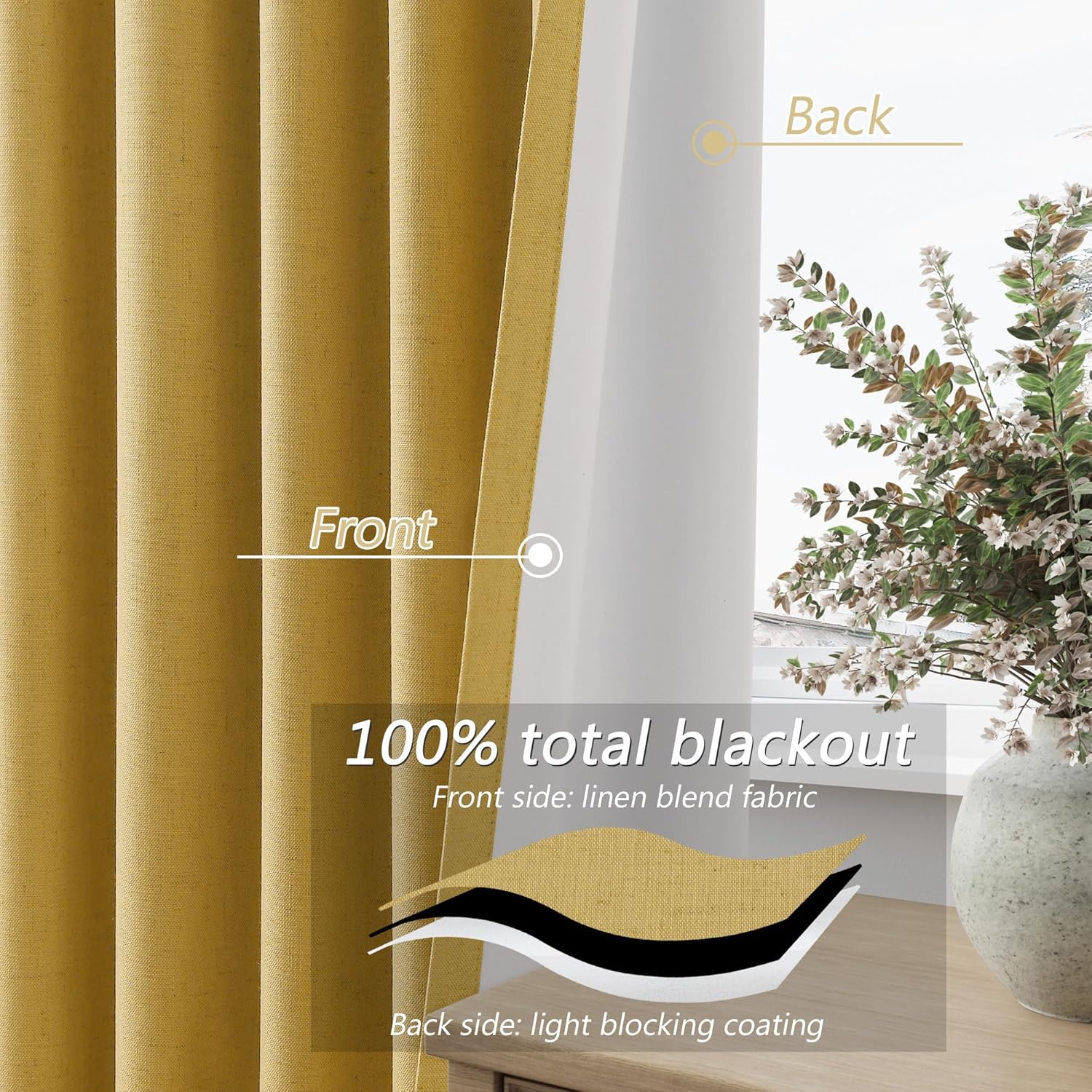 Guken 100% Blackout Curtains 120 Inch Length 2 Panels Set for Living Room Bedroom Back Tab Thermal Insulated 100% Black Out Linen Drapes Ro…