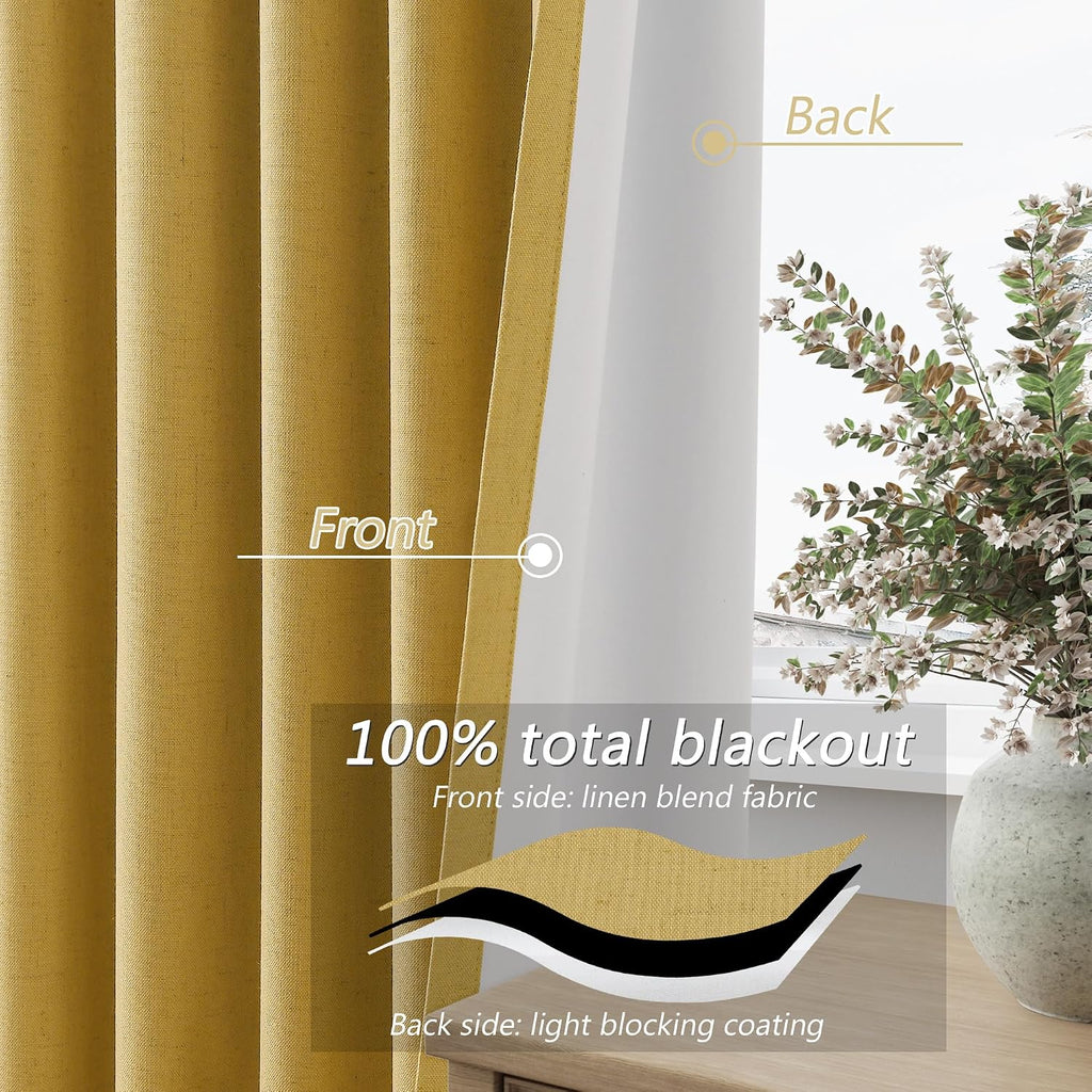 Guken Gold 100% Blackout Linen Curtains 84 Inch Length 2 Panels Set for Living Room Bedroom Back Tab Thermal Insulated Black Out Drapes Roo…