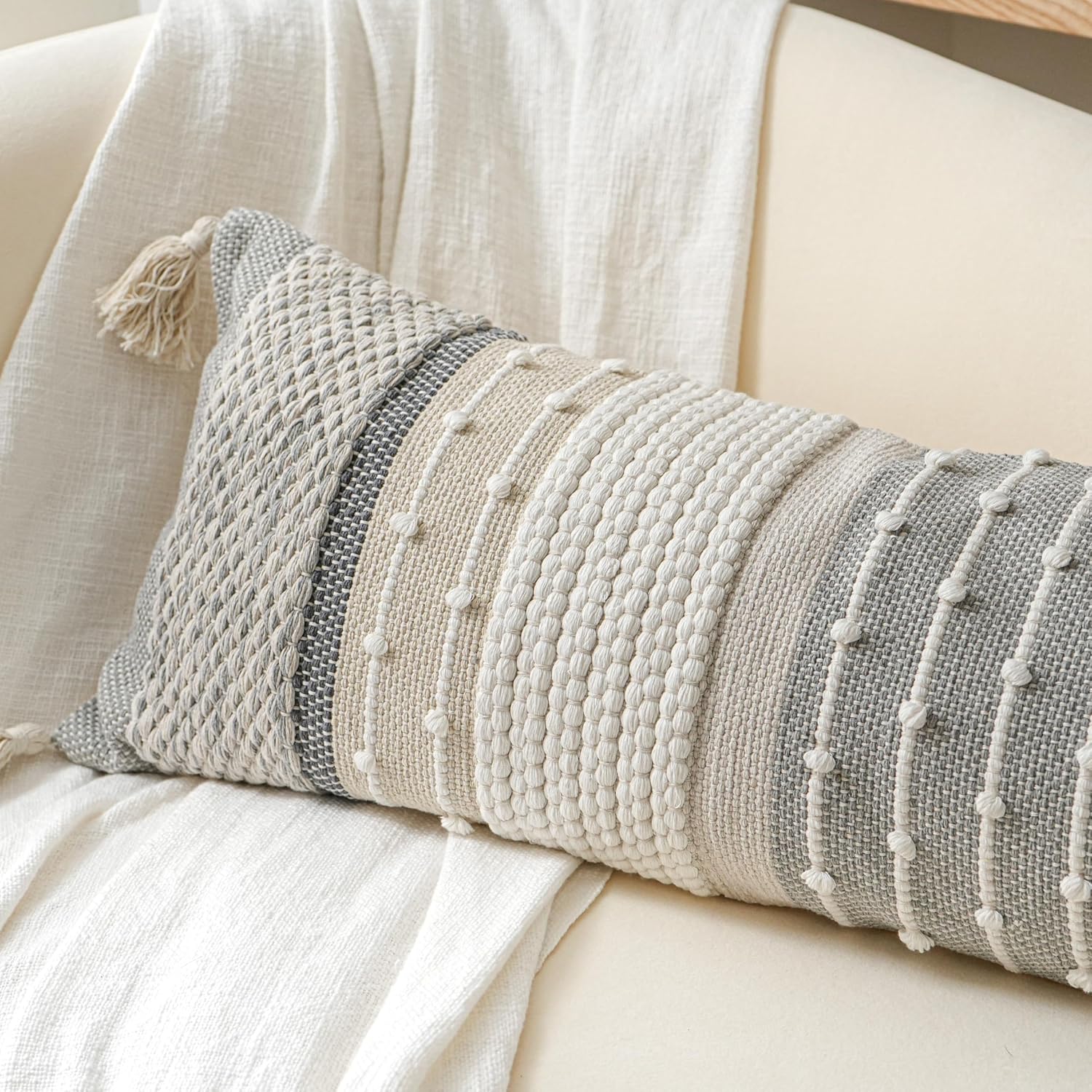 BlissBlush Gray Boho Lumbar Throw Pillow Cover 14x36 Grey Accent Long Body Lumbar Pillow for Bed Decorative Modern Bohemian Woven…