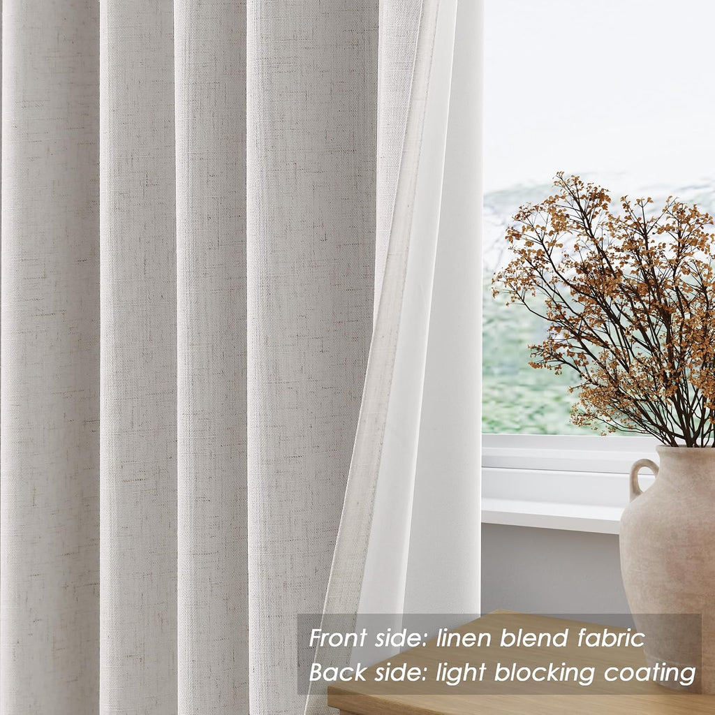 Nanspring Champagne 100% Blackout Linen Curtains 96 Inches Long for Bedroom Back Tab Thermal Insulated Modern Farmhouse Decor Black Out Cur…
