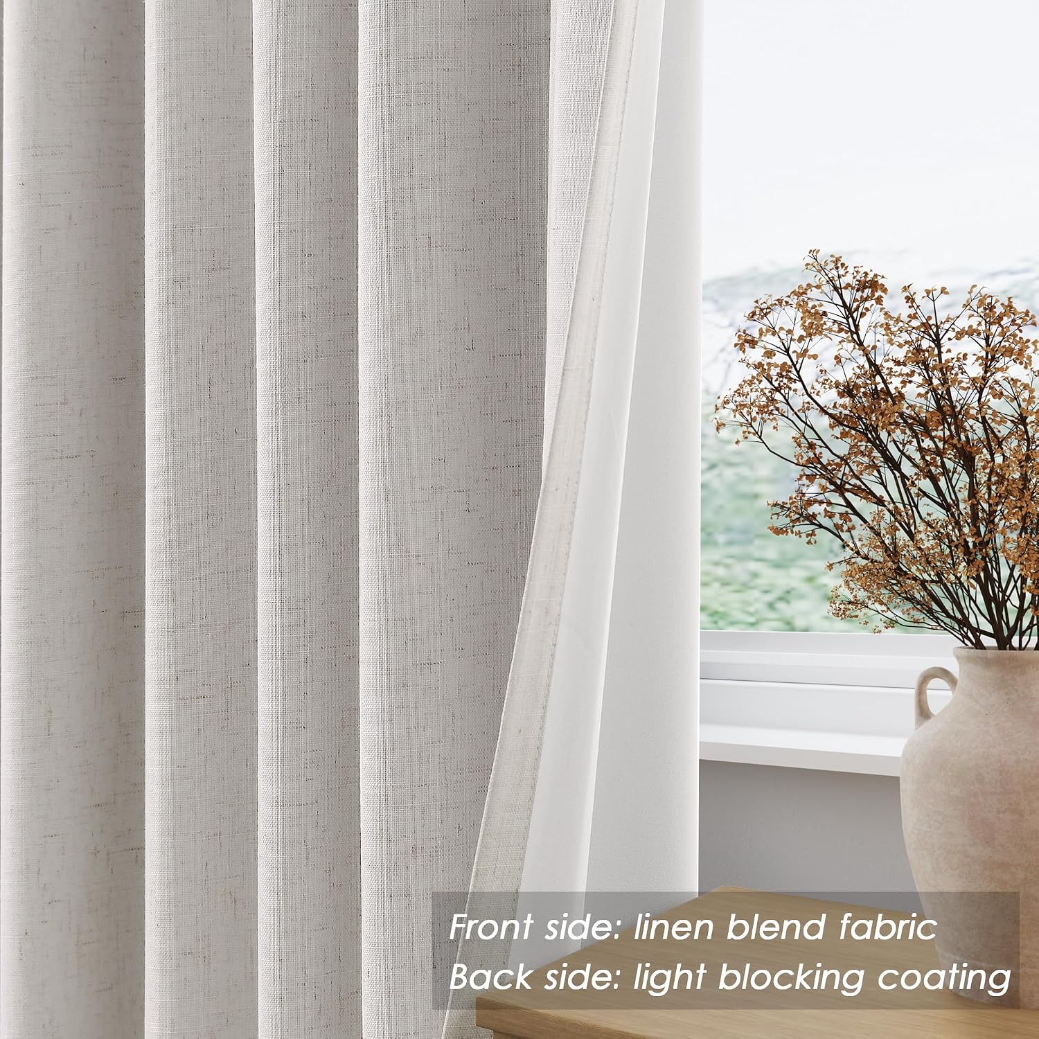 Nanspring Champagne 100% Blackout Linen Curtains 96 Inches Long for Bedroom Back Tab Thermal Insulated Modern Farmhouse Decor Black Out Cur…