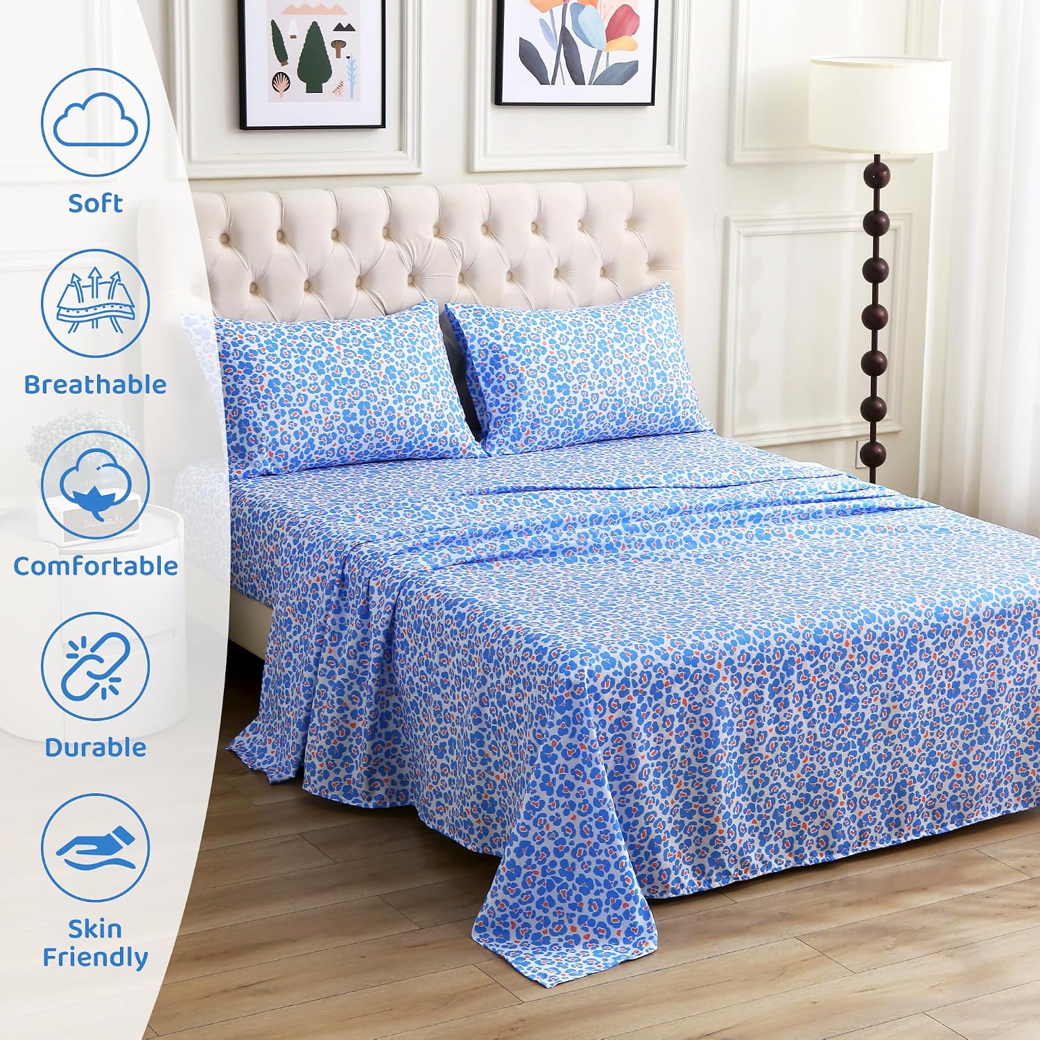 mooreeke Leopard Cheetah Printed Twin Bed Sheets, Soft Microfiber Bedding Sheets & Pillowcases, Deep Pocket Non-Slip Fitted Twin Sheet, Blu…