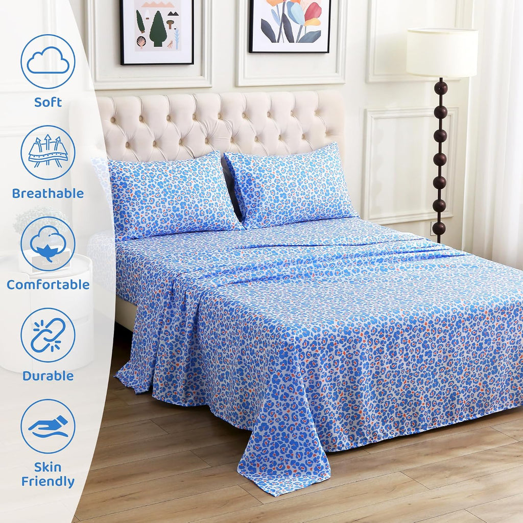 mooreeke Leopard Cheetah Printed Queen Bed Sheets, Soft Microfiber Bedding Sheets & Pillowcases, Deep Pocket Non-Slip Fitted Queen Sheet, B…