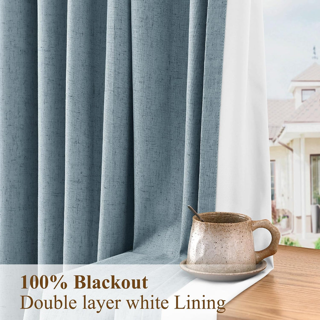 Boodii Blue 108 Inches Long 100% Blackout Linen Pinch Pleated Curtains Thermal Insulate 2 Panels Set for Living Room Bedroom Farmhouse Back…