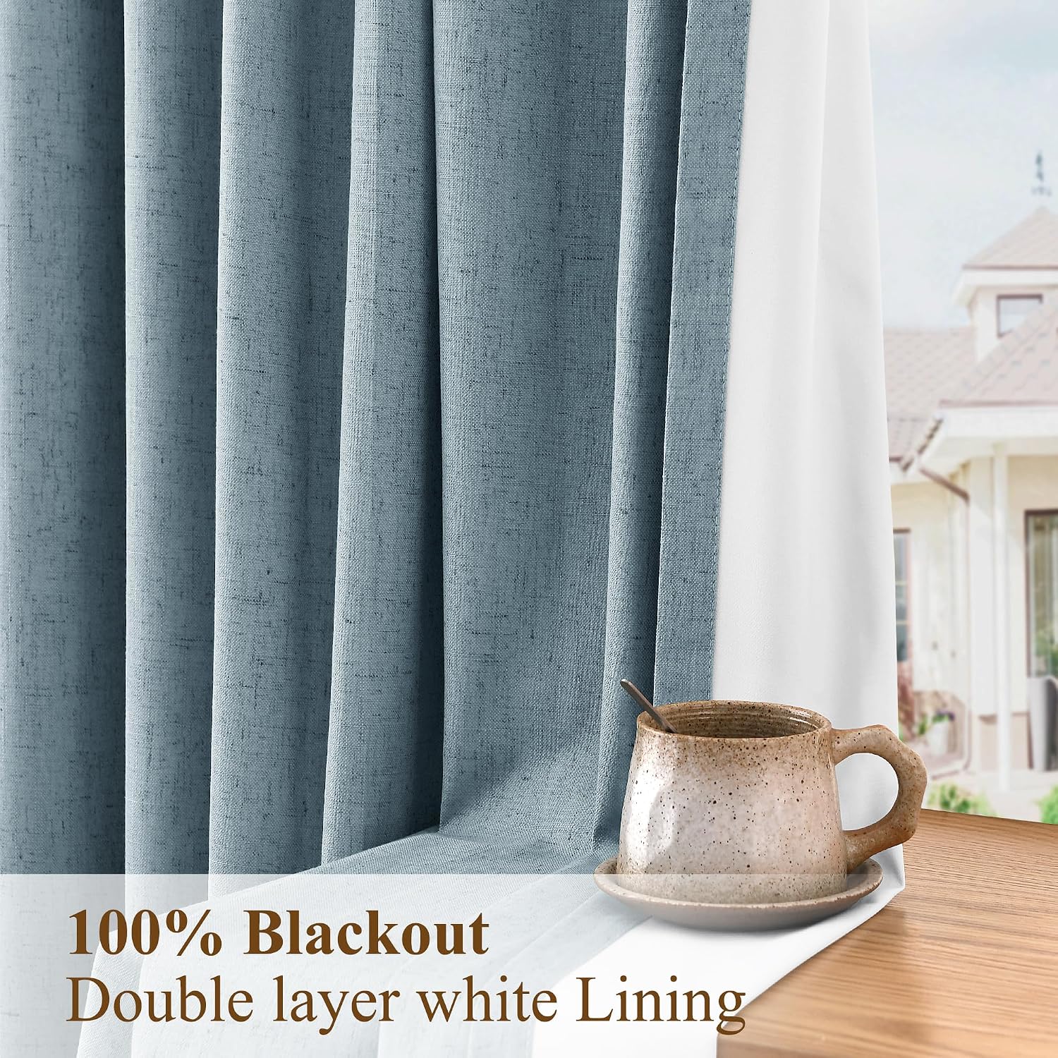 Boodii Blue 108 Inches Long 100% Blackout Linen Pinch Pleated Curtains Thermal Insulate 2 Panels Set for Living Room Bedroom Farmhouse Back…