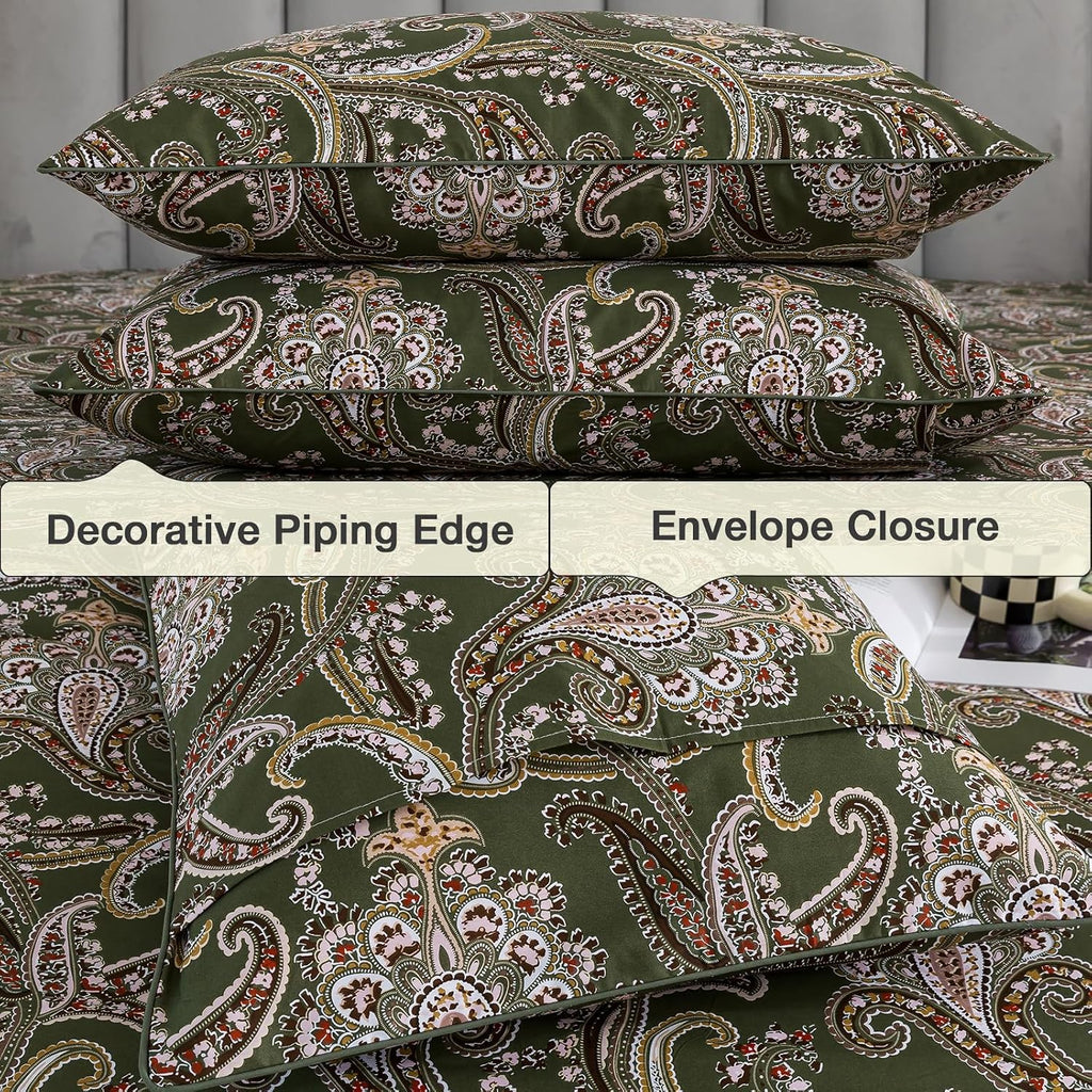 Puralens Vintage Paisley Floral Green Duvet Cover King 100% Cotton, Shabby Flower Printed Chic Crisp Percale Comforter Cover Set, Farmhouse…