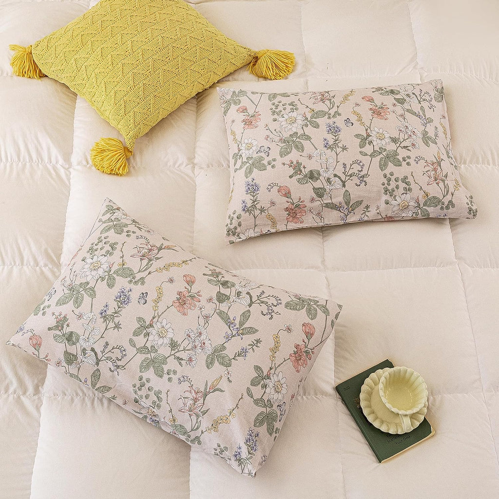 ECOCOTT 2 Pack Floral Pillowcases King Size, 100% Washed Cotton Pillow Cases with Envelope Closure, Vintage Botanical Flower Printed…