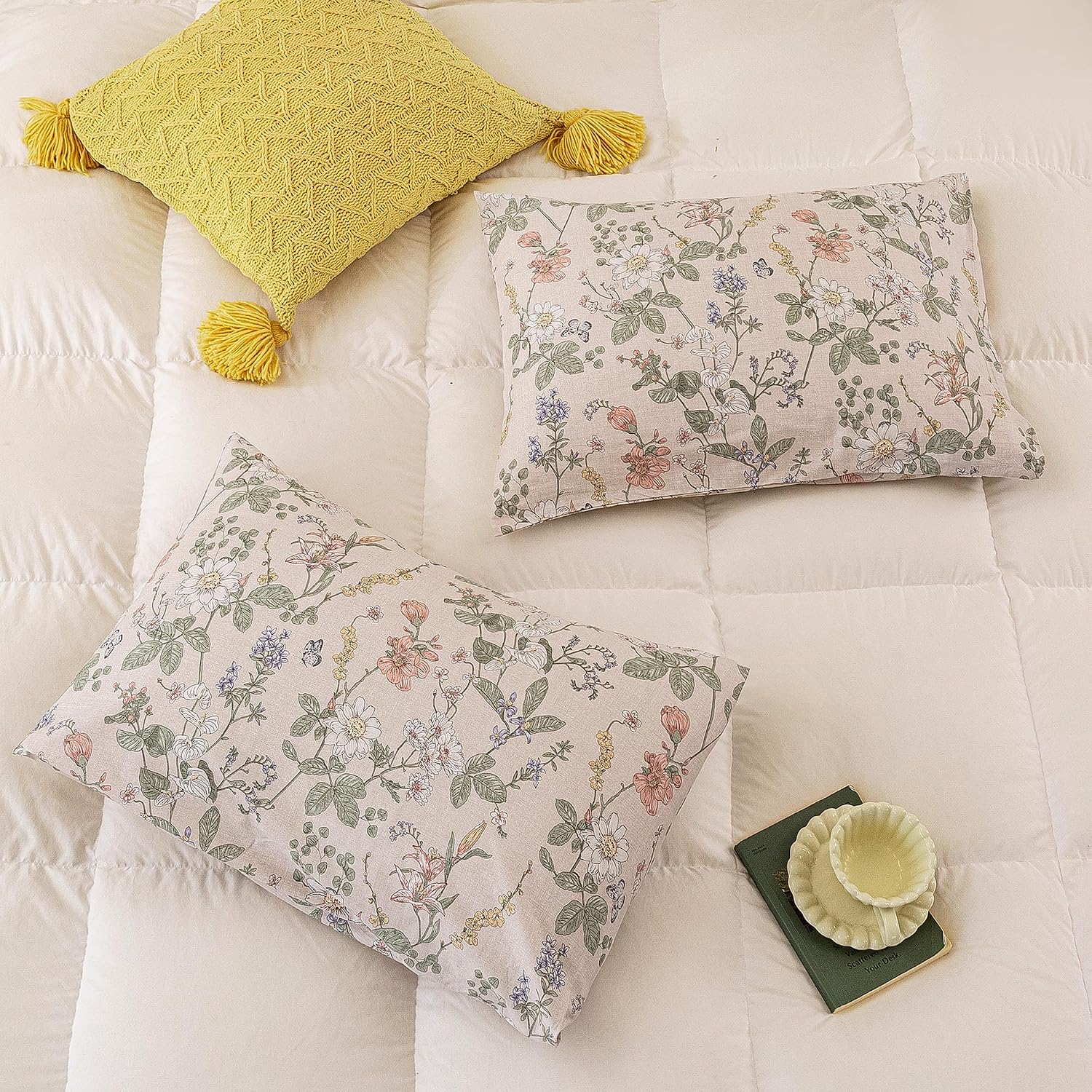 ECOCOTT 2 Pack Floral Pillowcases King Size, 100% Washed Cotton Pillow Cases with Envelope Closure, Vintage Botanical Flower Printed…