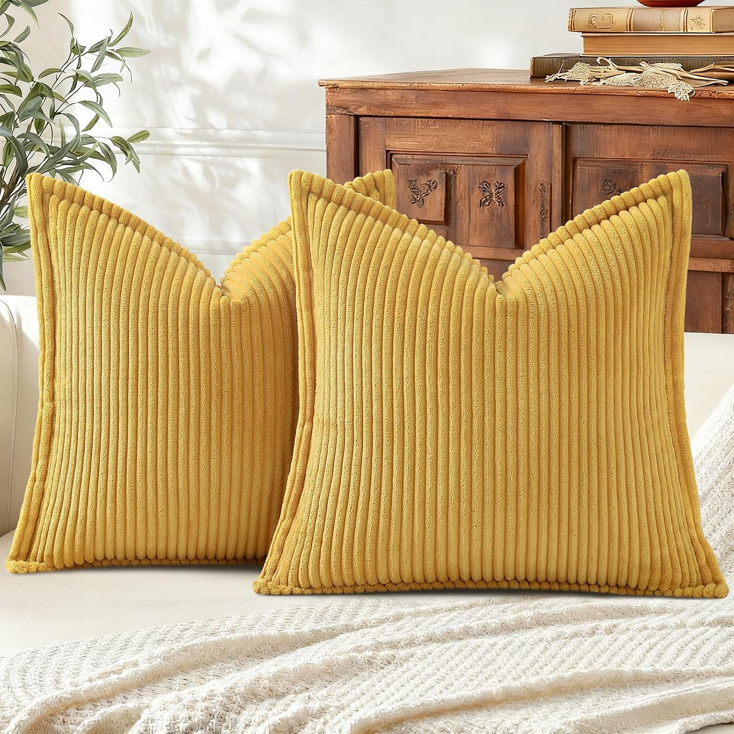 Mecatny Corduroy Summer Throw Pillow Covers 26x26 Set of 2, Neutral Decorative Soft Boho Couch Pillow Covers with Broadside for Sofa…