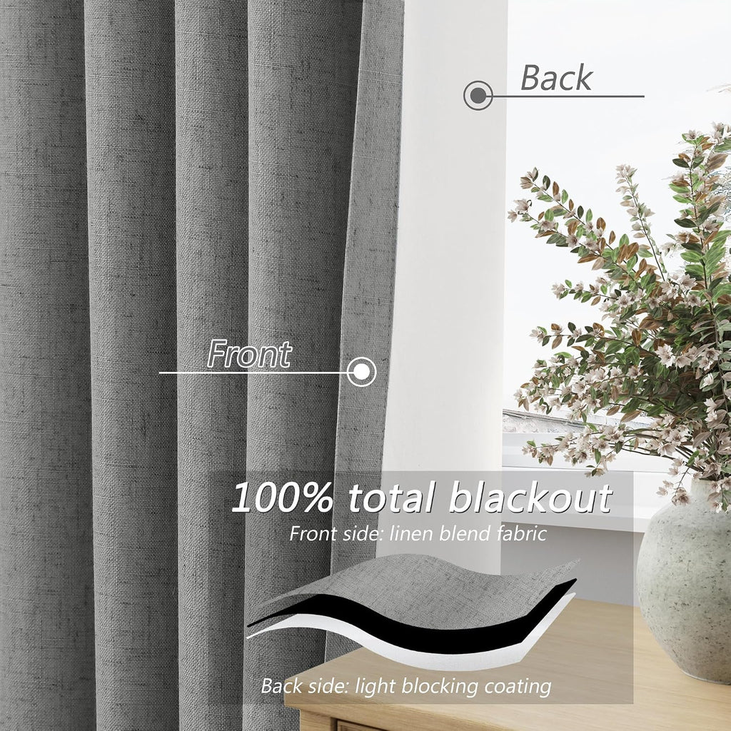 Guken 100% Blackout Linen Curtains 100 Inch Length 2 Panels Set for Living Room Bedroom Back Tab Thermal Insulated Black Out Linen Drapes R…