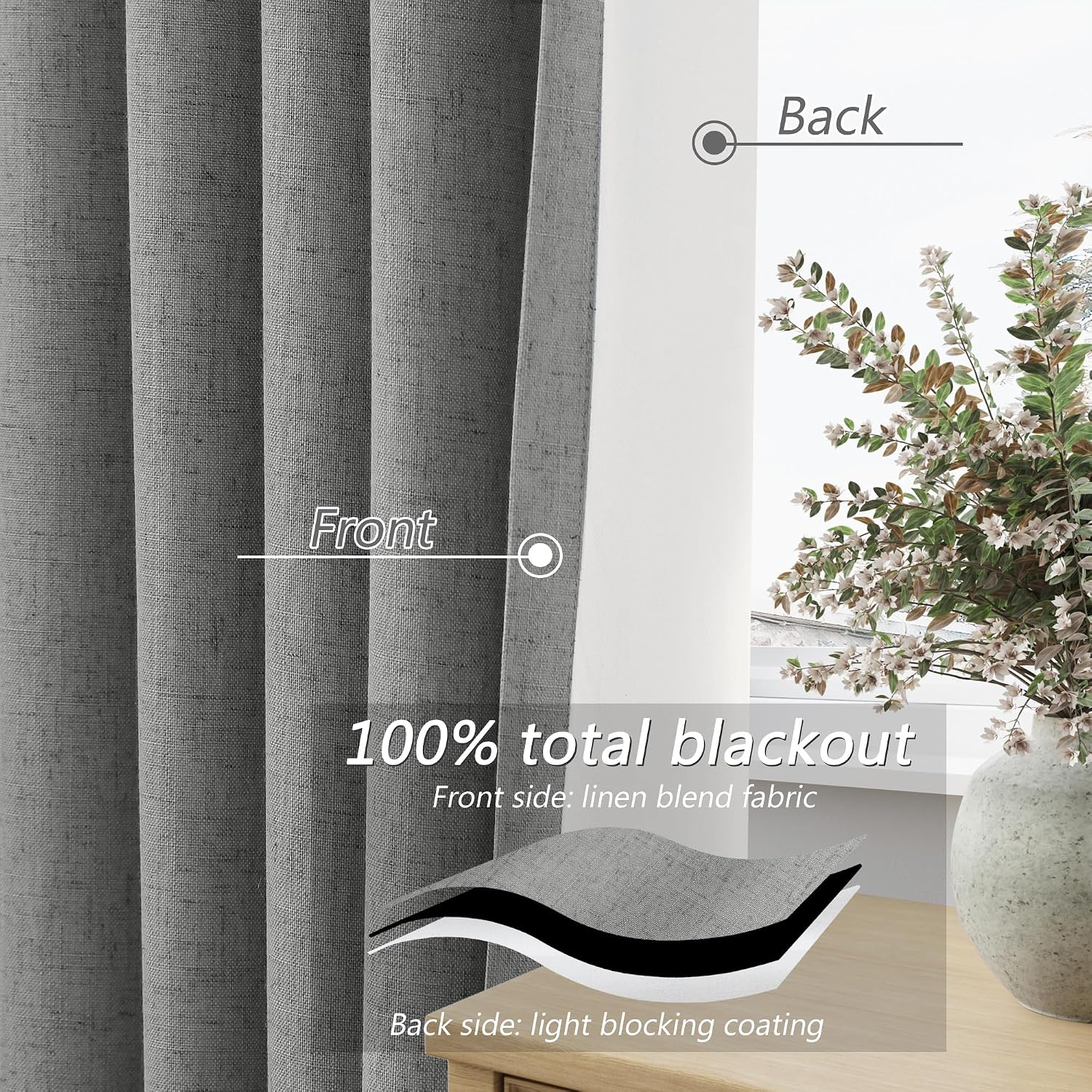 Guken 100% Blackout Linen Curtains 100 Inch Length 2 Panels Set for Living Room Bedroom Back Tab Thermal Insulated Black Out Linen Drapes R…