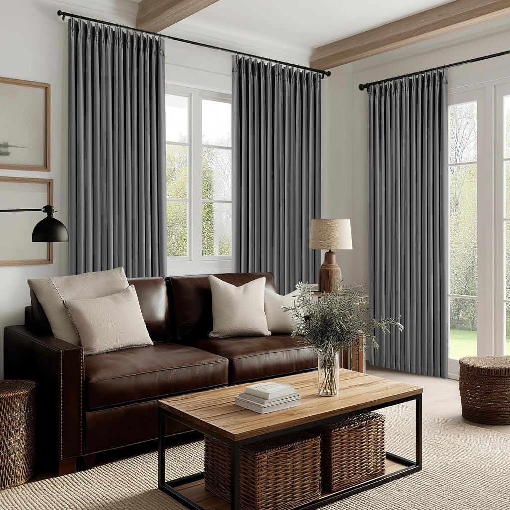 Twodrapes Charcoal Grey 120 Inch Blackout Pinch Pleated Curtains 2 Panel Set for Living Room Darkening Thick Linen Textured 100% Black Out…