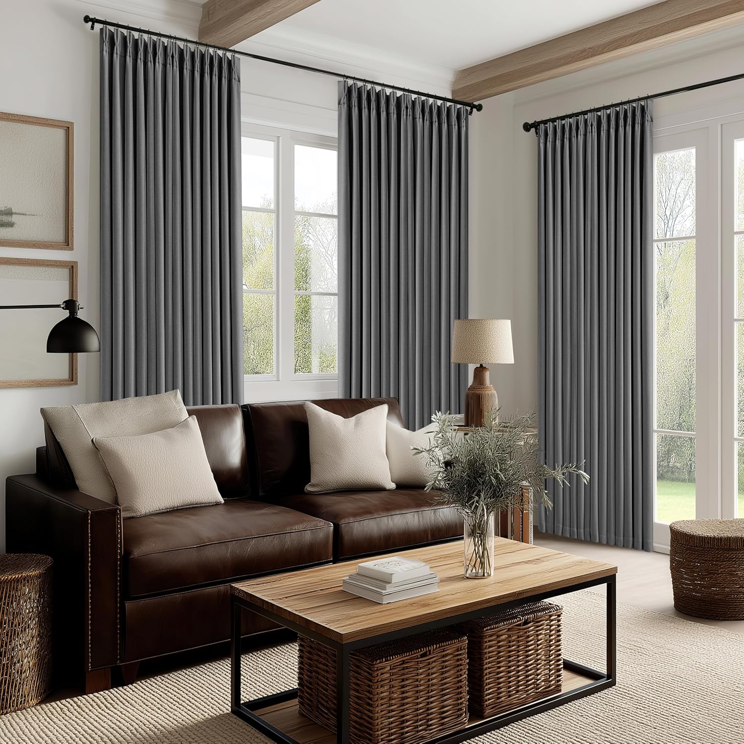 Twodrapes Charcoal Grey 120 Inch Blackout Pinch Pleated Curtains 2 Panel Set for Living Room Darkening Thick Linen Textured 100% Black Out…