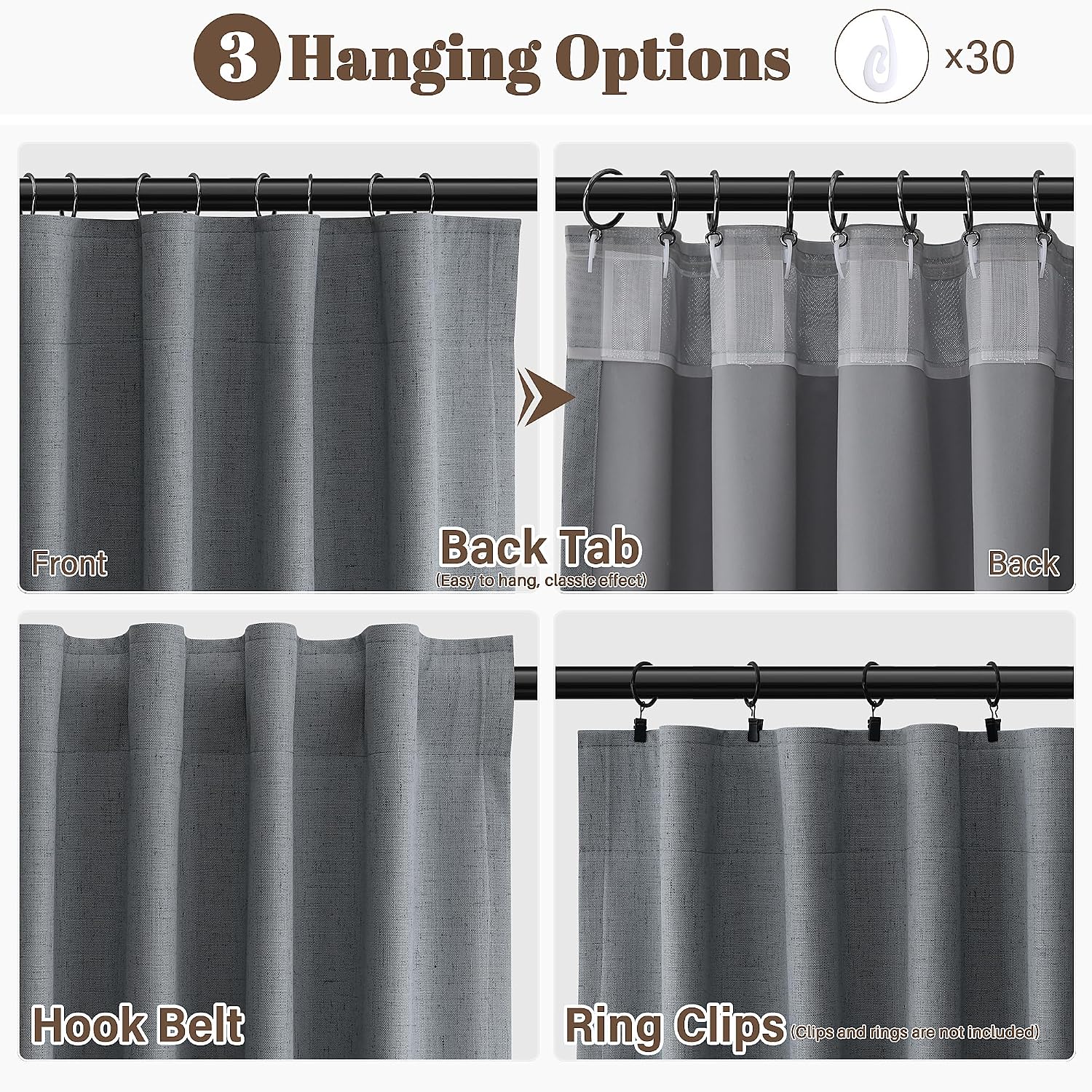 Guken Grey Linen 100% Blackout Curtains for Bedroom 96 Inches Long 2 Panels Set Back Tab Textured Modern Black Out Light Blocking Privacy C…