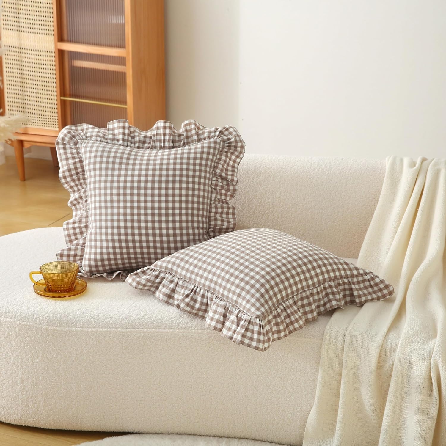 Jilboo Gingham Pillow Covers (2 Pack) - 22 x22 Inches Warm Taupe/White Plaid, 100% Washed Cotton Vintage Ruffle Decorative Throw Pillowcase…