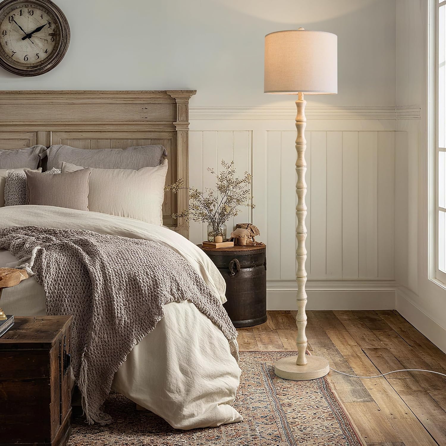 BOBOMOMO 62" Rustic Farmhouse Floor Lamp Antique White with Remote & Dimmable 9W Bulb, 3 Color Temperatures Resin Standing Lamp, Retro…