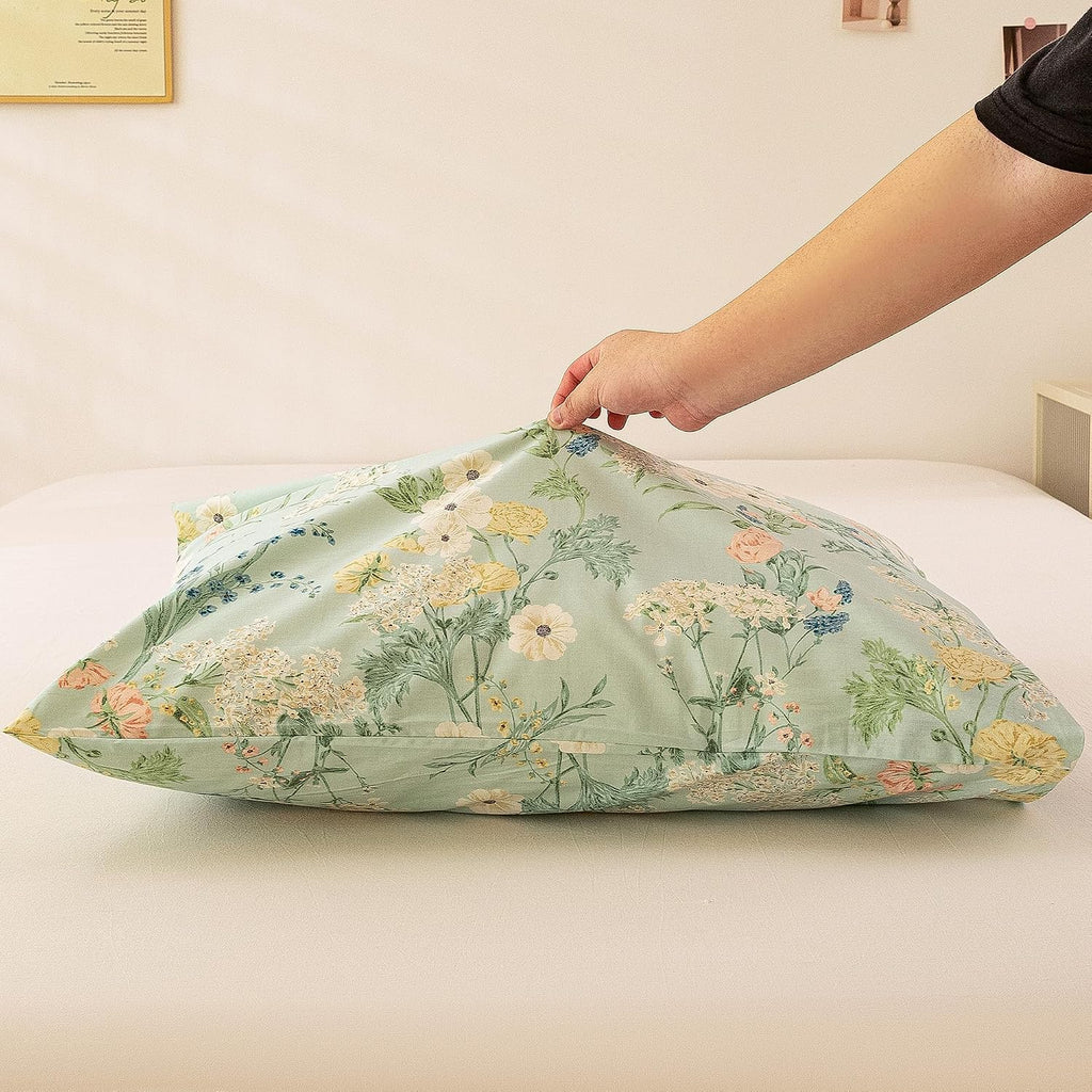 ECOCOTT Sage Green Floral Pillowcases Queen Size Set of 2, 100% Washed Cotton Pillow Cases with Envelope Closure, Botanical Wildflower…
