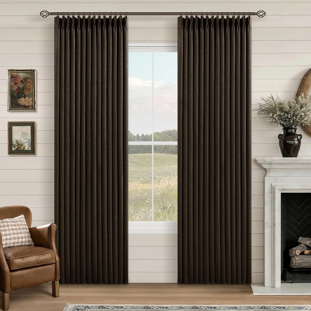 Twodrapes Dark Chocolate Pinch Pleated 100% Blackout Linen Bedroom Curtains 80 Inch Length Double Layer Pleat Curtains Ring Hooks Back Tab…