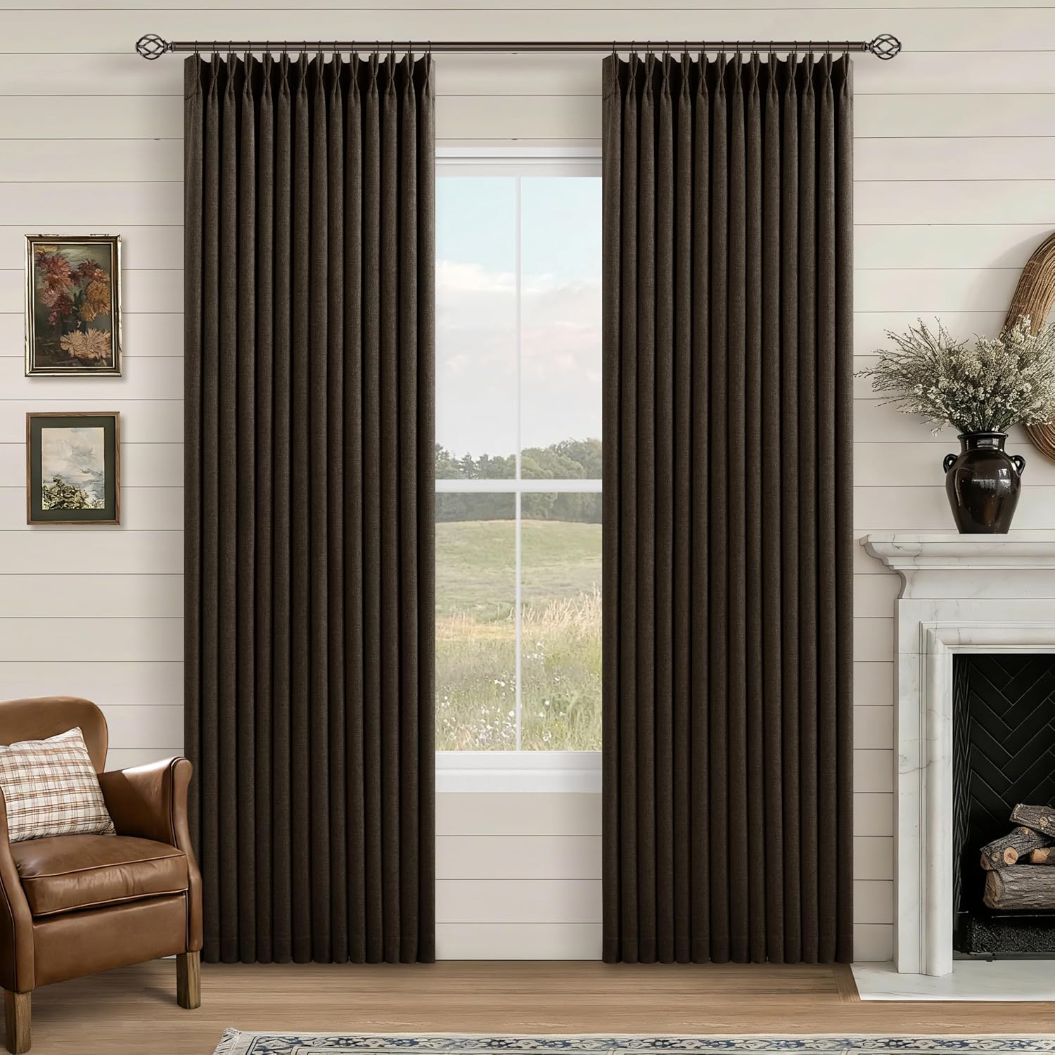 Twodrapes Dark Chocolate Pinch Pleated 100% Blackout Linen Bedroom Curtains 80 Inch Length Double Layer Pleat Curtains Ring Hooks Back Tab…