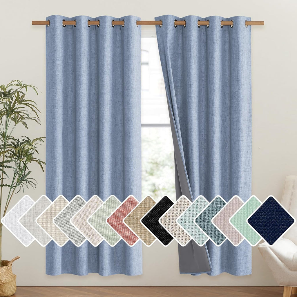 NICETOWN Stone Blue Vintage Linen 100% Blackout Curtains for Living Room, Thermal Insulated Curtains 72" Long, Noise Reducing Window…