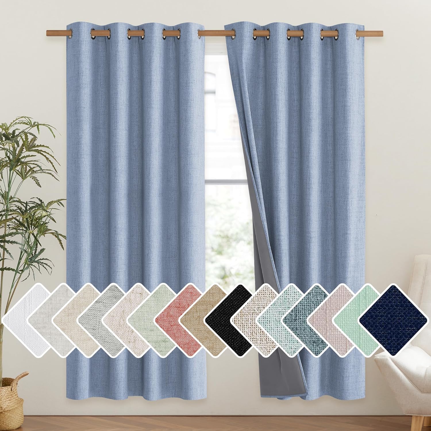 NICETOWN Stone Blue Vintage Linen 100% Blackout Curtains for Living Room, Thermal Insulated Curtains 72" Long, Noise Reducing Window…