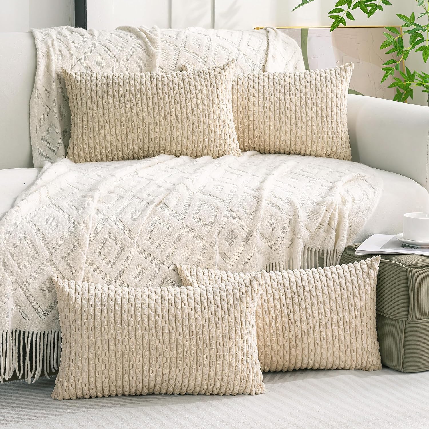 Cozoomy Set of 4 Beige Decorative Throw Pillow Covers 12x20 Inch Corduroy Pillow Covers for Bed Couch Sofa Living Room Soft Cushion Cases 2…