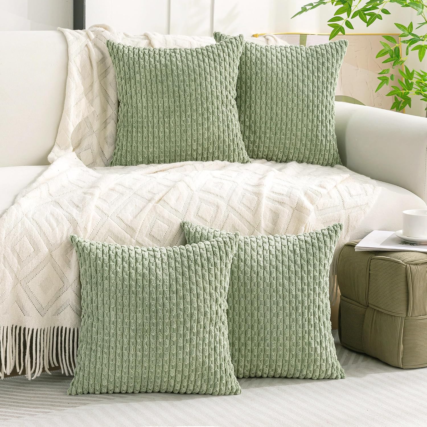 Cozoomy Set of 4 Sage Green Decorative Throw Pillow Covers 22x22 Inch Corduroy Pillow Covers for Bed Couch Sofa Living Room Soft Square Cus…
