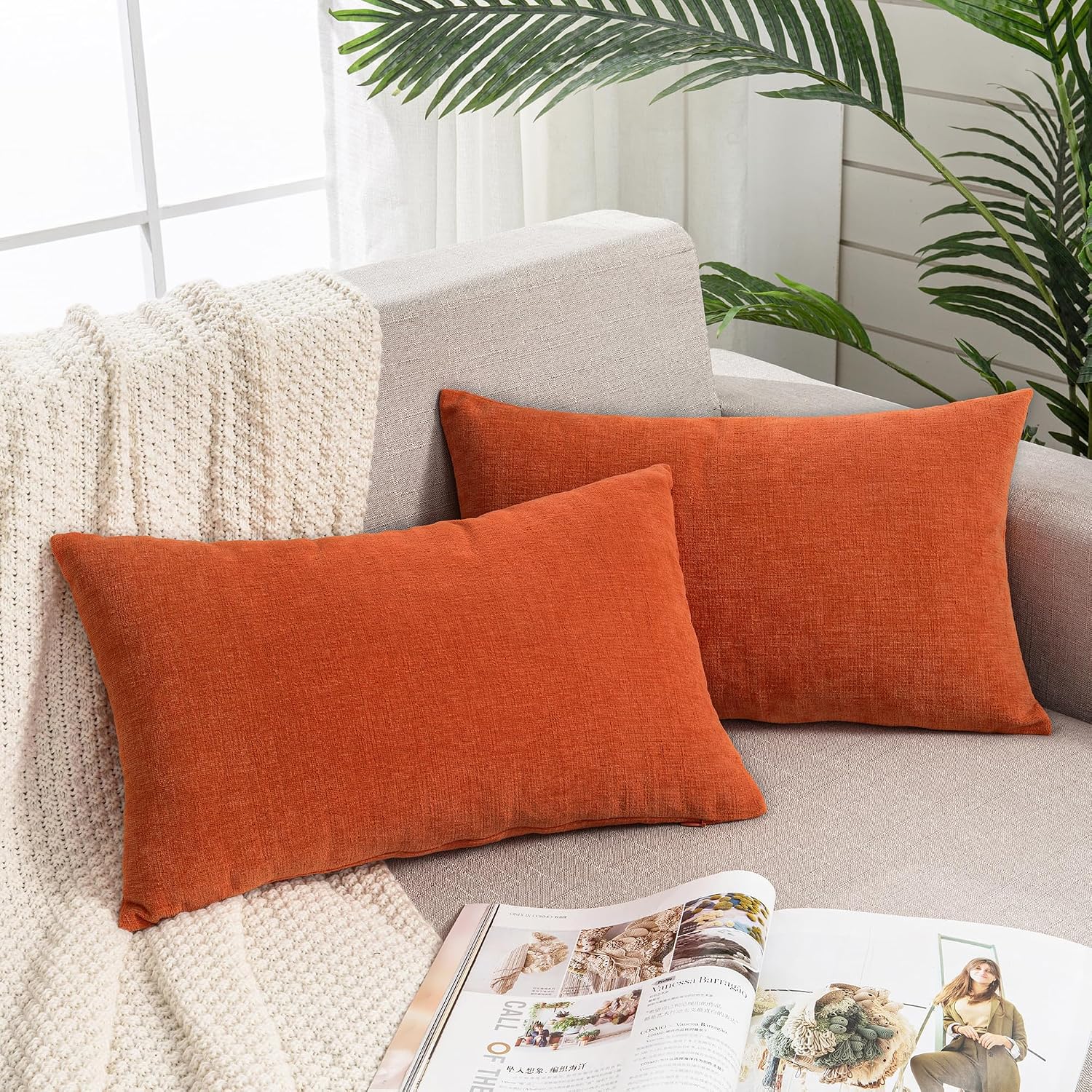 Gawamay Lumbar Pillow Decorative Rectangle Throw Pillow Covers 12"x20" Inch Set of 2, Super Soft Chenille Pillowcase for Living Room Bedroo…