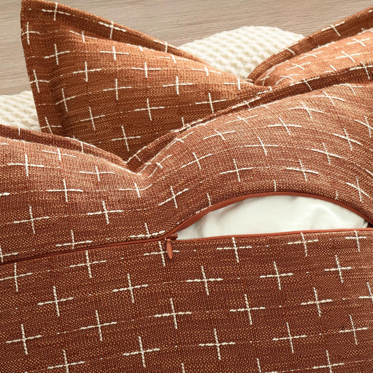 Zwjd Fall Pillow Covers 16x16 Set of 2 Soft Polyester Textured Rust Pillow Covers with Stylish Flange Edge Cozy Farmhouse Throw Pillows for…