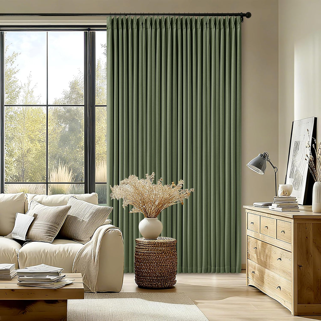Twodrapes Thick Linen Olive Green Blackout Curtains 90 Inches Long for Living Room Bedroom 100% Black Out Pinch Pleated Drapes Double Layer…