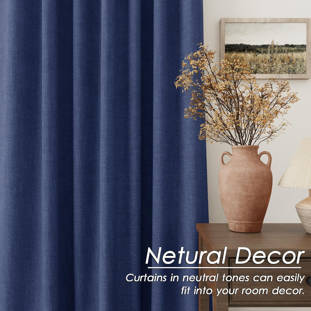 Nanspring Classic Blue 100% Blackout Linen Curtains for Bedroom 90 Inches Long Back Tab Thermal Insulated Modern Coastal Decor Black Out Cu…