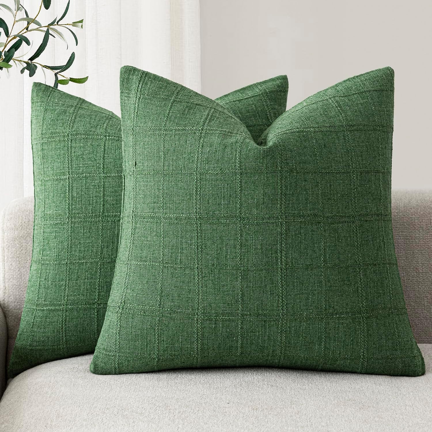 Foindtower Set of 2 Decorative Linen Check Throw Pillow Covers Neutral Farmhouse Vintage Cushion Covers Modern Boho Accent Home Decor for…