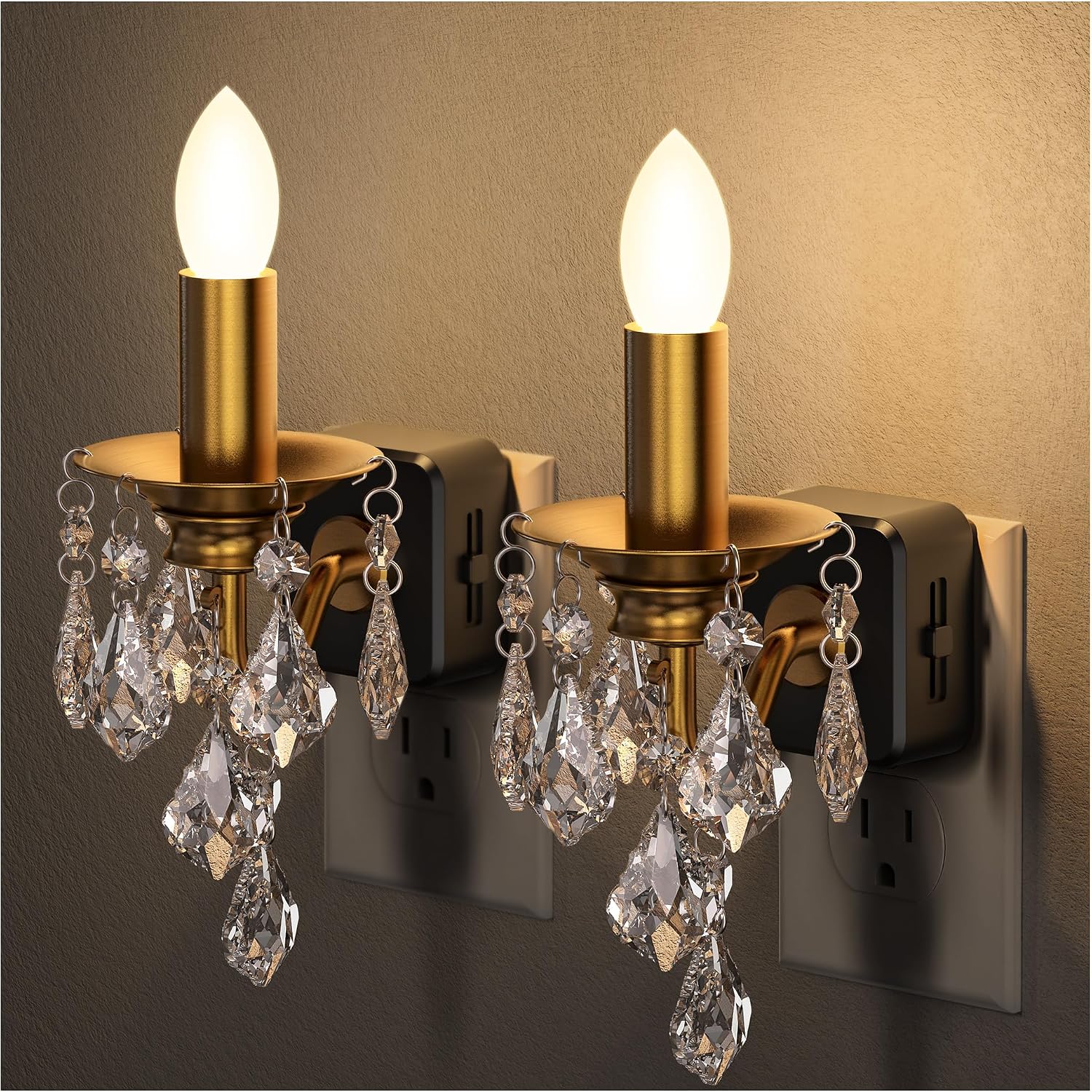 Chandelier Night Lights Plug into Wall, LED Warm Night Light with Dusk to Dawn Sensor, 0-100LM Dimmable, Decorative Gold Candle-Style…