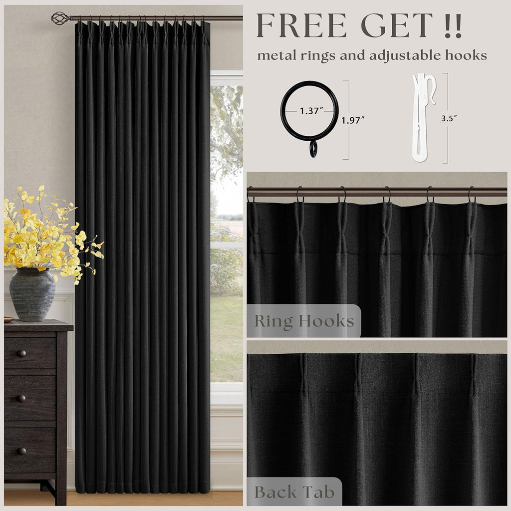 Twodrapes Black 96 Inch Blackout Pinch Pleated Curtains 2 Panel Set for Living Room Darkening Thick Linen Textured 100% Black Out Drapes 96…