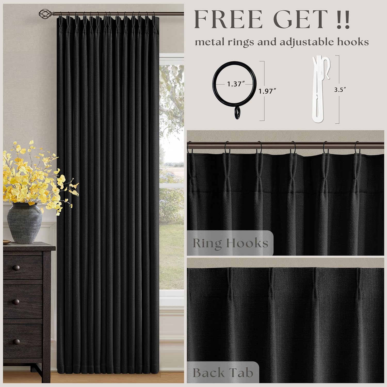 Twodrapes Black Pleated Linen Blackout Curtains 84 Inches Long for Bedroom Living Room Pinch Pleat Black Out Thermal Insulated Ring Hooks B…