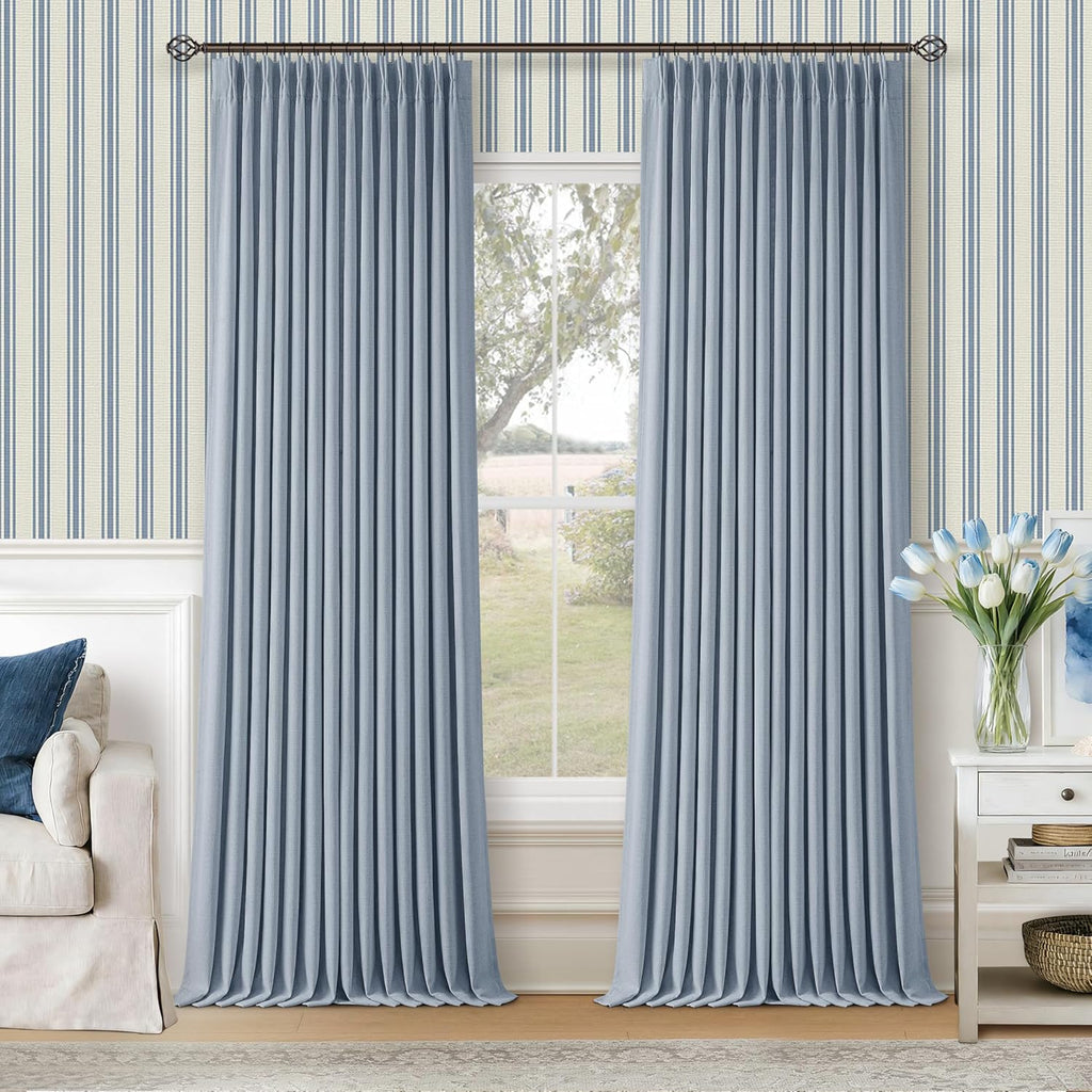 Twodrapes Blue 96 Inch Blackout Pinch Pleated Curtains 2 Panel Set for Living Room Darkening Thick Linen Textured 100% Black Out Drapes 96…