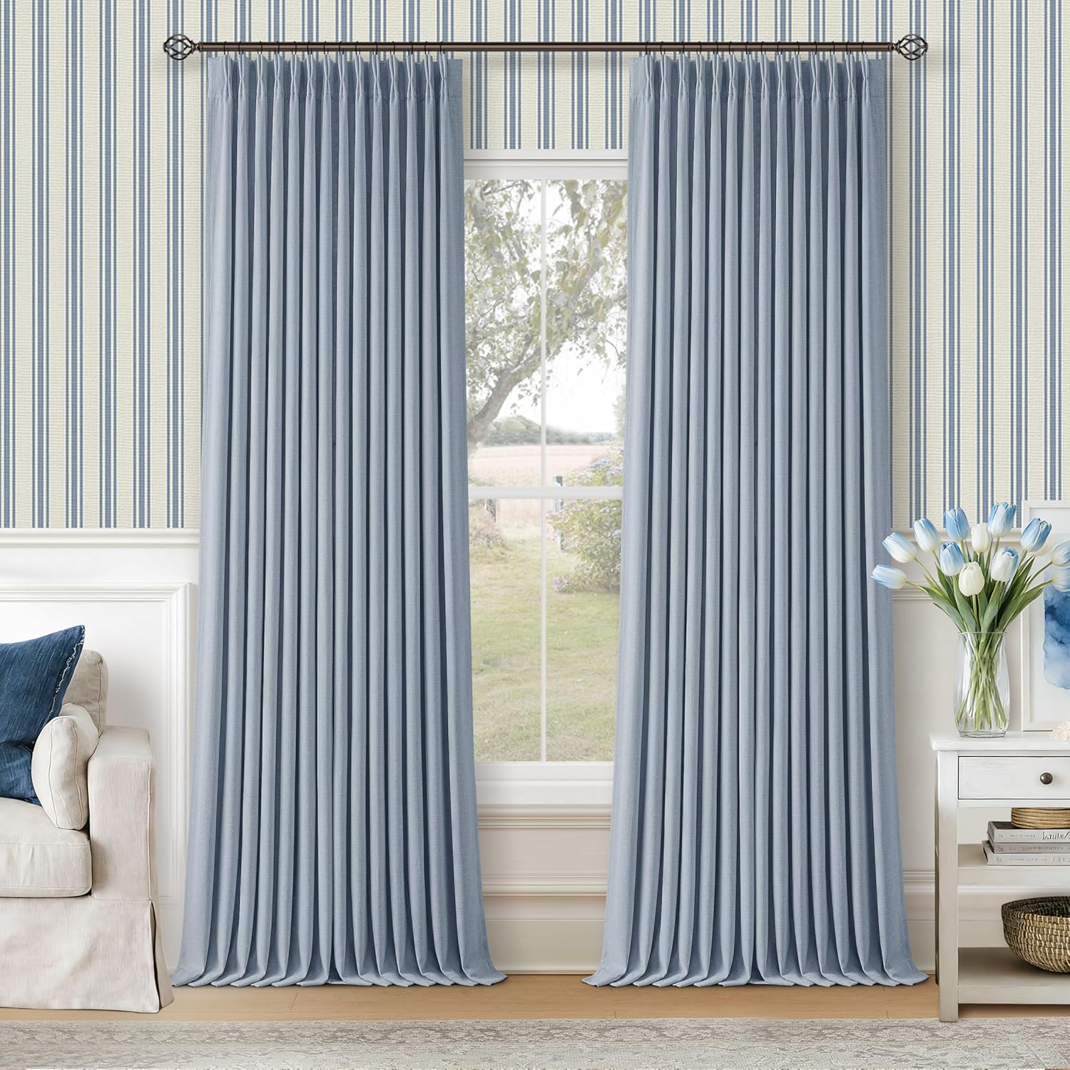 Twodrapes Blue 96 Inch Blackout Pinch Pleated Curtains 2 Panel Set for Living Room Darkening Thick Linen Textured 100% Black Out Drapes 96…