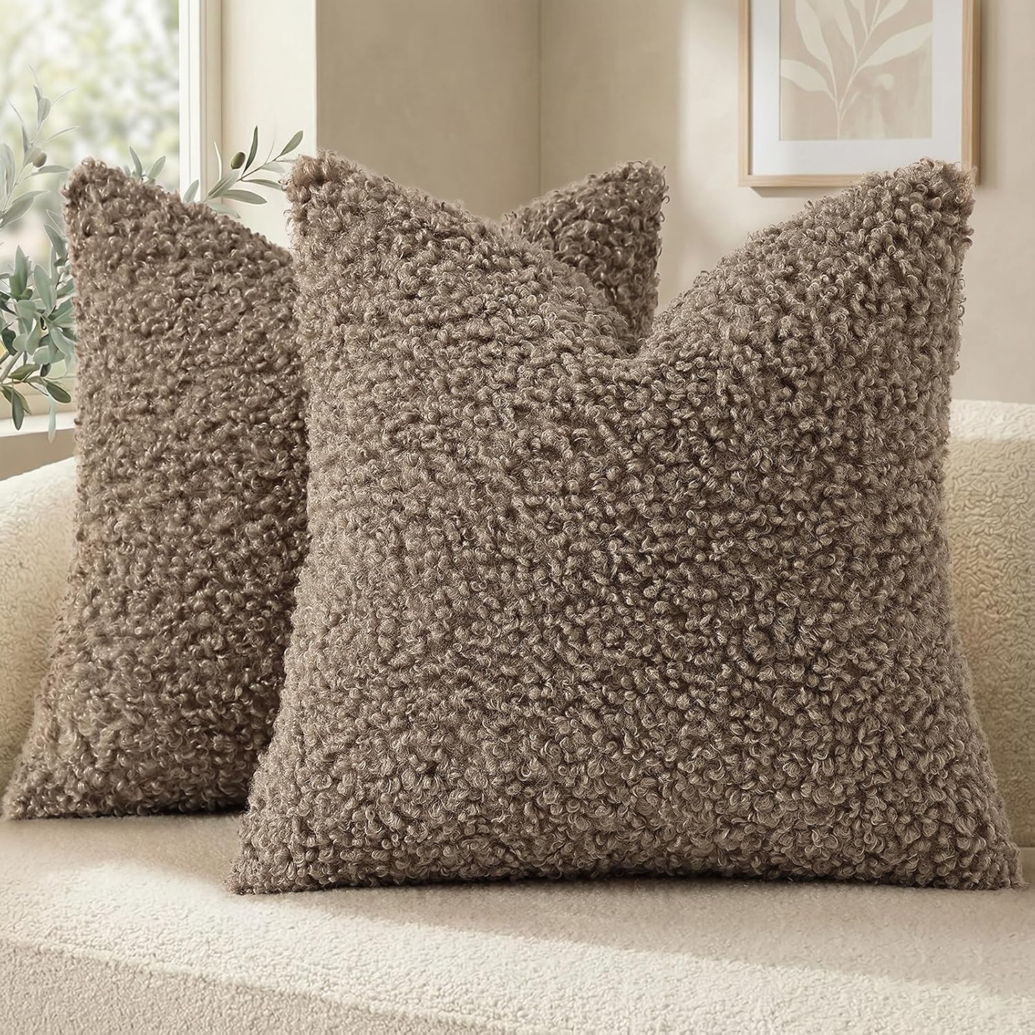 decorUhome Pack of 2 Throw Pillow Covers 22x22 Inch, Faux Fur Decorative Sherpa Pillow Covers Fuzzy Accent Soft Sheepskin Fleece Pillow Cas…
