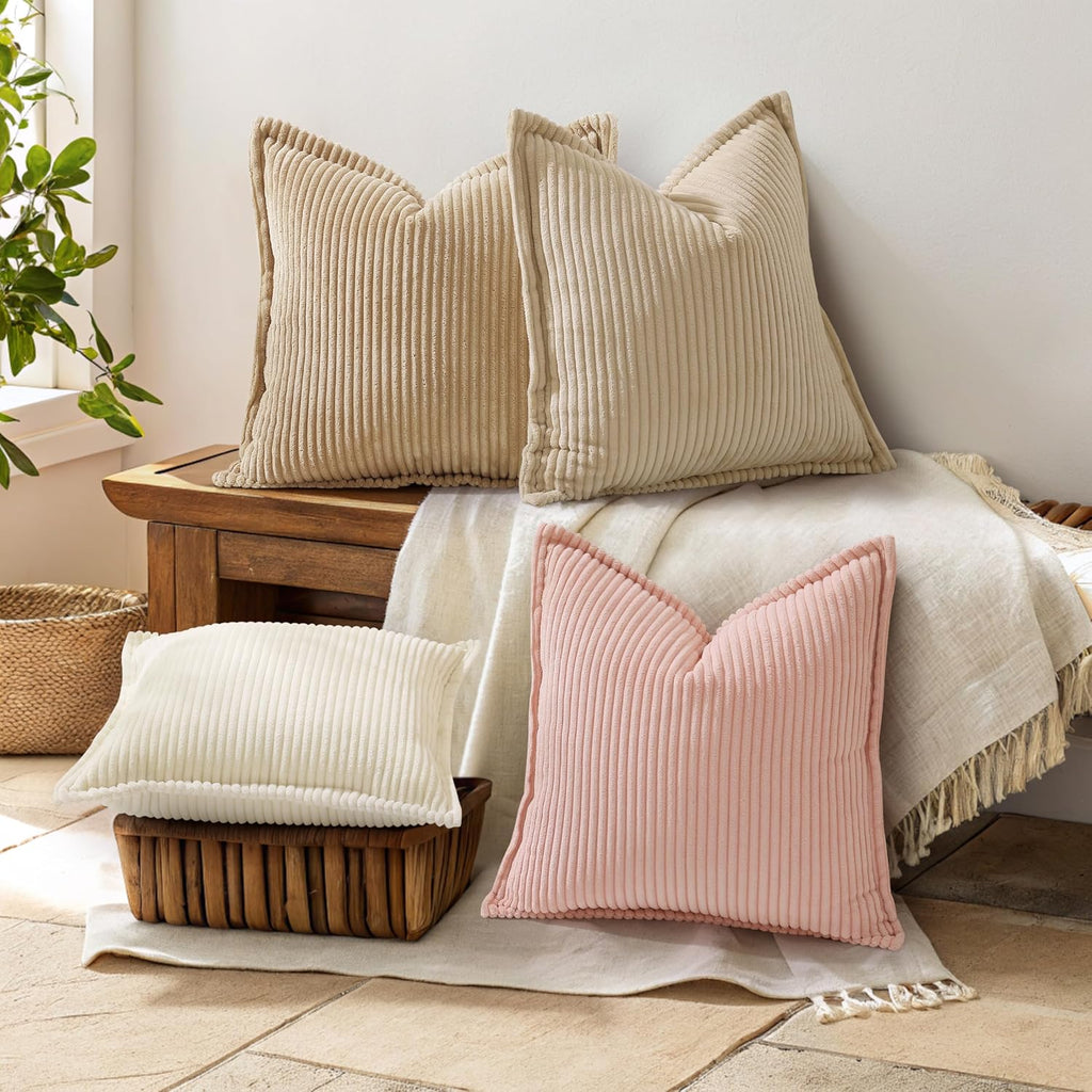 decorUhome Summer Corduroy Beige Euro Sham Throw Pillow Covers 26x26 Set of 2 Decorative Soft Boho Farmhouse Couch Pillow Covers for Living…