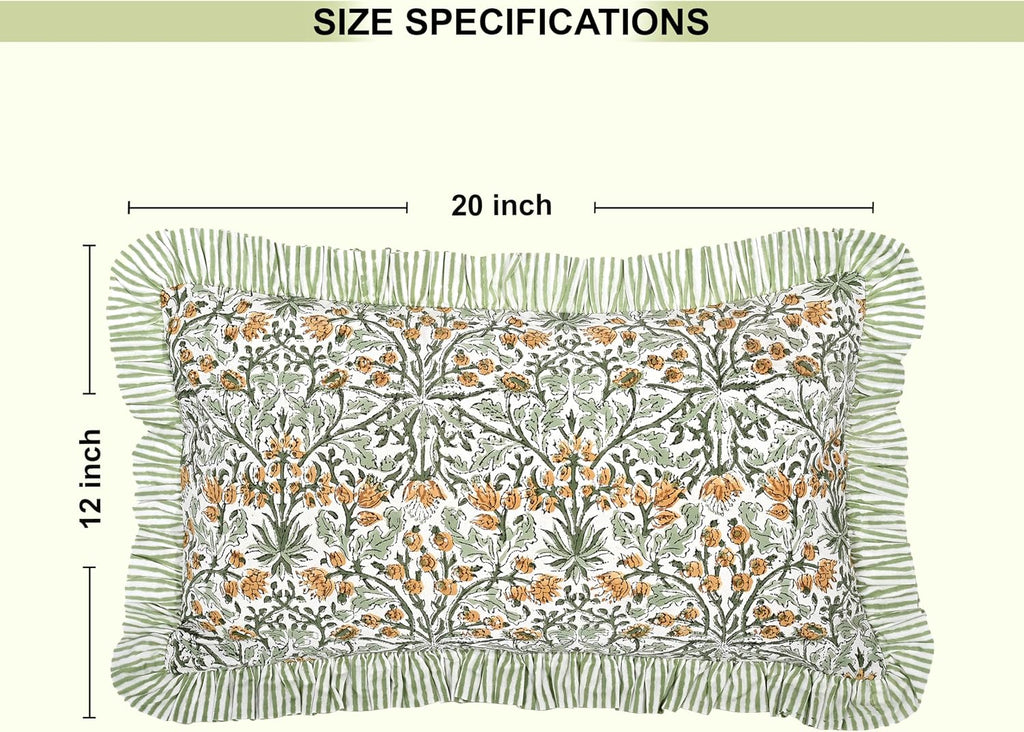 Ridhi Block Print Goldenrod Yellow 20"x12" Set 1-100% Cotton Ruffle Lumbar Sham Cover Boho Floral Pillowcase, Farmhouse Cottagecore…