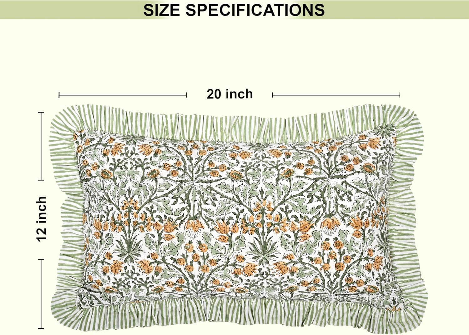 Ridhi Block Print Goldenrod Yellow 20"x12" Set 1-100% Cotton Ruffle Lumbar Sham Cover Boho Floral Pillowcase, Farmhouse Cottagecore…