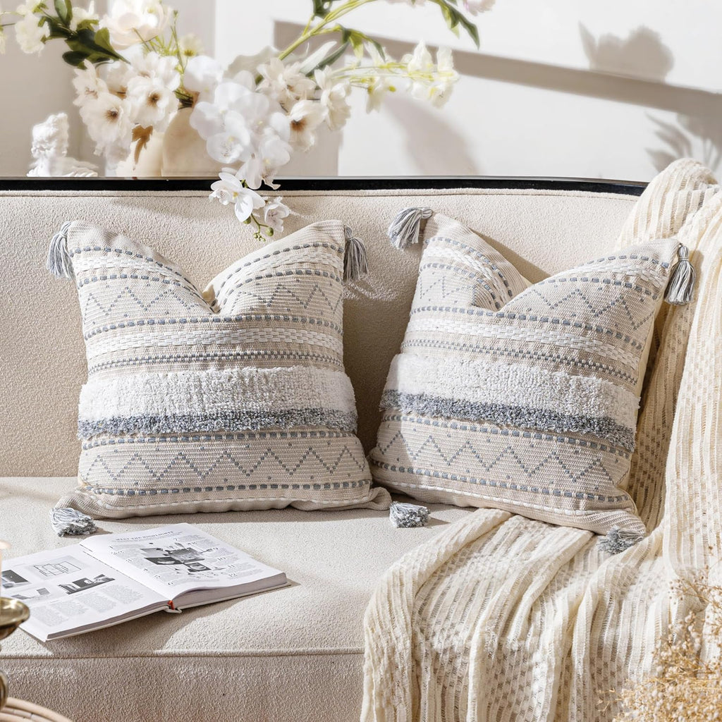 BlissBlush Gray Decorative Throw Pillow Covers 18X18 Combo Set of 2 Square Boho Neutral Grey Accent Pillowcase Tassels Farmhouse Cushion…