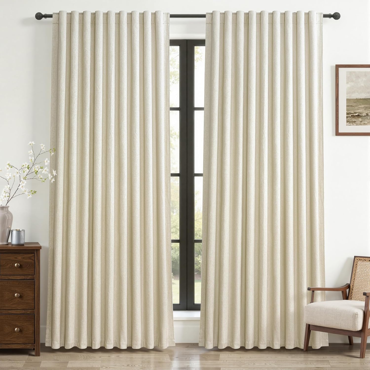 Qjmydeco Cute Blackout Curtains 60 Inches Extra Wide Linen 84 Inch Length for Living Room/Sliding Glass Door, Pleated Heavy Duty Thermal Dra…