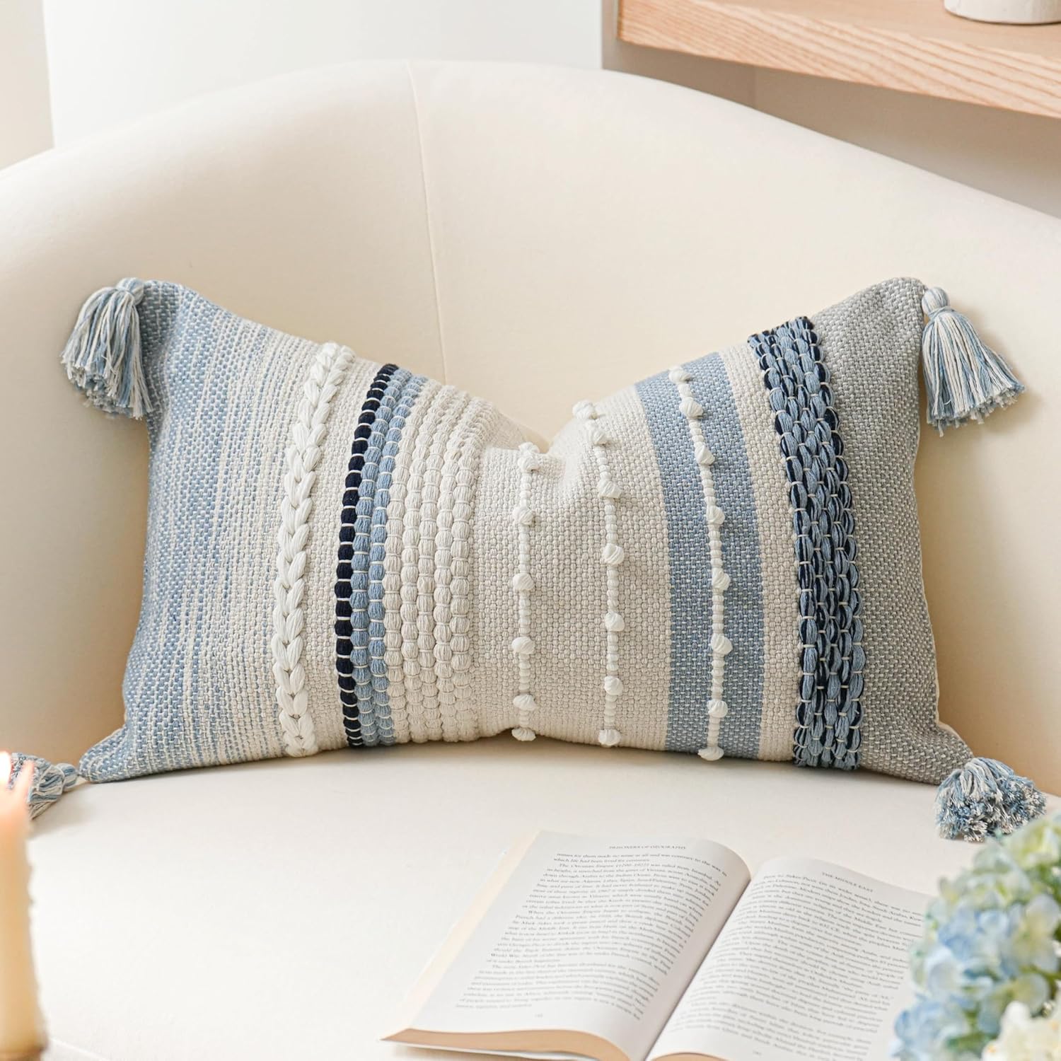 BlissBlush Decorative Lumbar Throw Pillow Cover 14x24 Boho Coastal Blue Accent Cushion for Couch Sofa Farmhouse Pillowcase for Bedroom…
